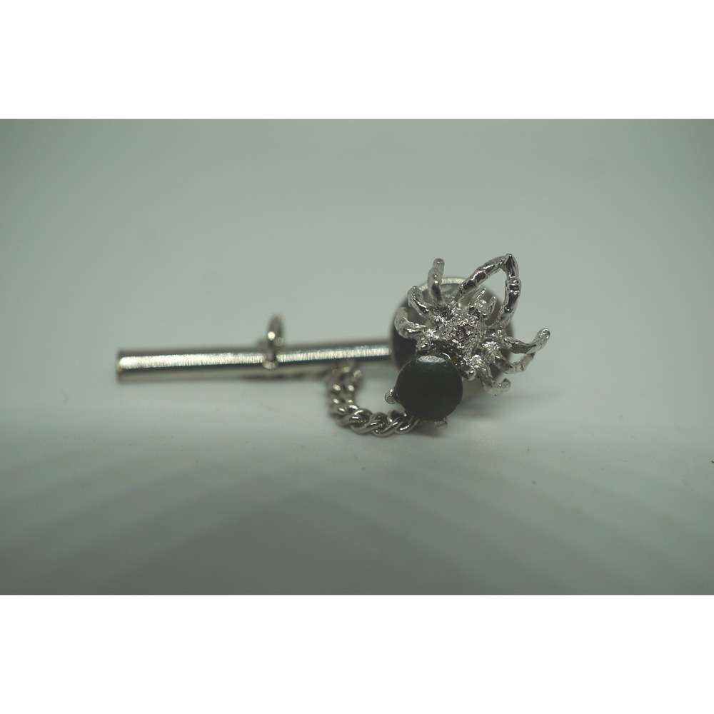 Vintage Swank Silver Tone Spider Tie Tac Black Onyx Stone Insect Pin with Chain
